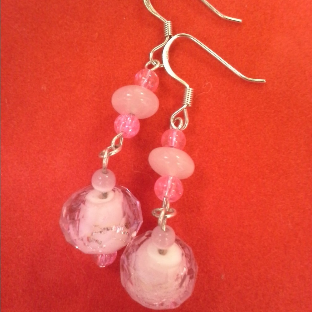 Pink Crystal Bead Earrings with Silver Hooks